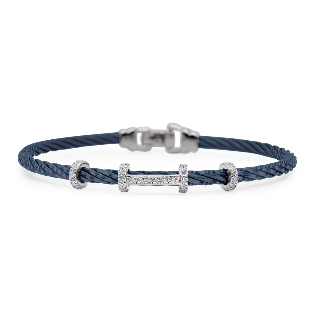 14Kt White Gold Blueberry Nautical Cable Diamond Wrapped Station Bracelet 0.28cttw