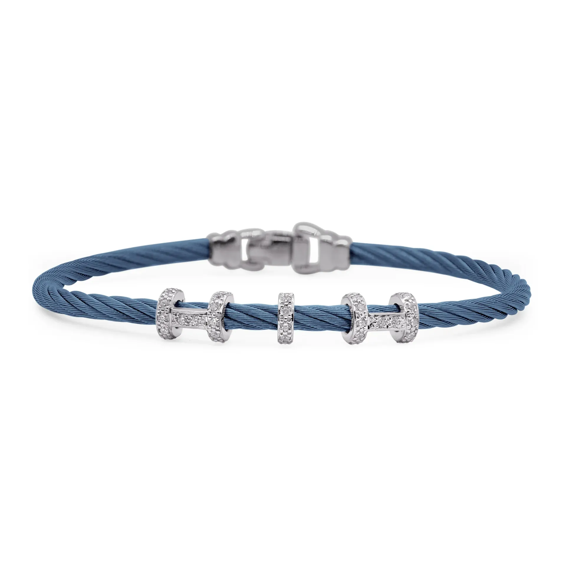 14Kt White Gold Island Blue Nautical Cable Halo Harmony Diamond Bracelet 0.32cttw