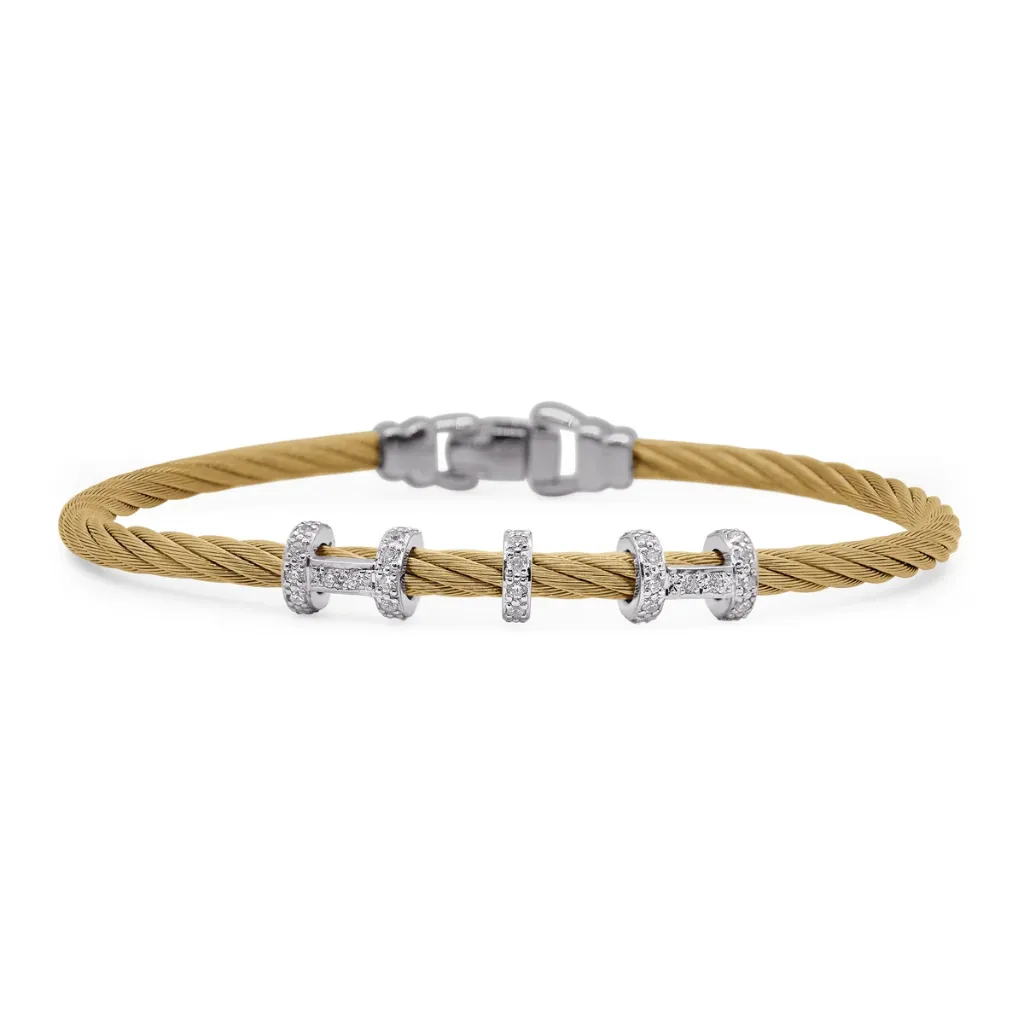 14Kt White Gold Yellow Nautical Cable Diamond Halo Harmony Bracelet 0.32cttw