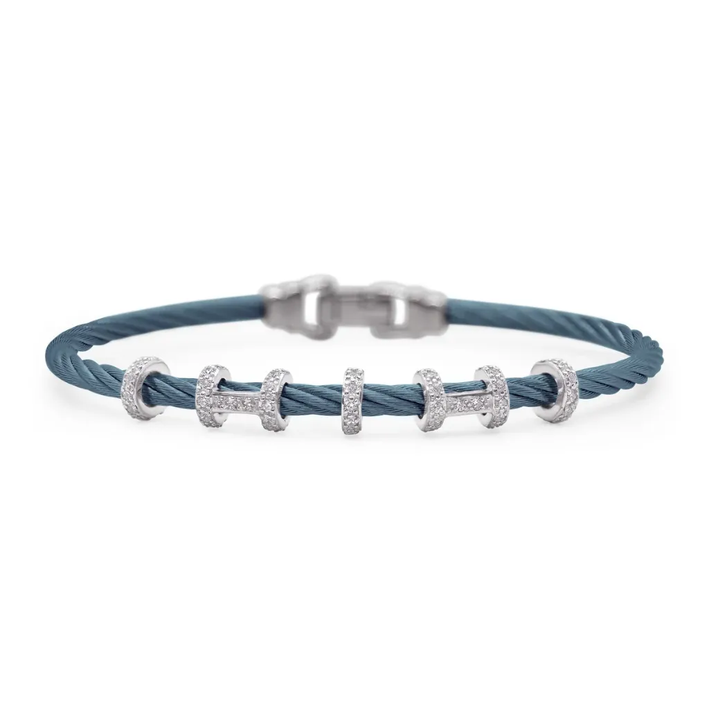 14Kt White Gold Island Blue Nautical Cable Diamond Double Harmony Bracelet 0.44cttw