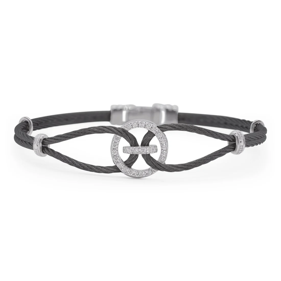 14Kt White Gold Black Nautical Cable Diamond Open Lasso Bracelet 0.22cttw