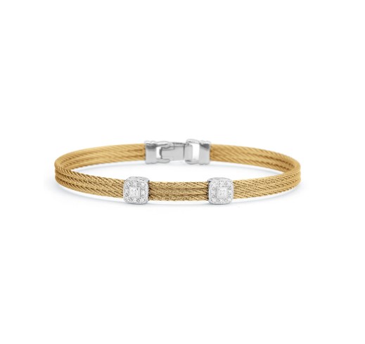 14Kt White Gold Yellow Nautical Cable Three Row Double Square Station Bracelet With 18 Round Diamonds Weighing 0.09cttw