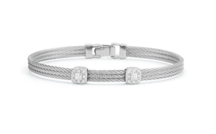 14Kt White Gold Grey Nautical Cable 3 Row Double Square Station Bracelet With 18 Round Diamonds Weighing 0.09cttw