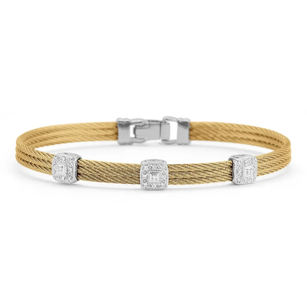 14Kt White Gold Yellow Nautical Cable Triple Square Station Diamond Bracelet 0.14cttw