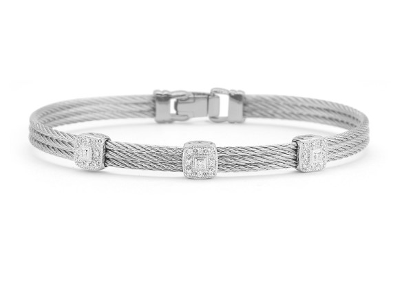 [04-32-S834-11] 14Kt White Gold Grey Nautical Cable 3 Row Triple Square Station Bracelet With 28 Round Diamonds Weighing 0.14cttw