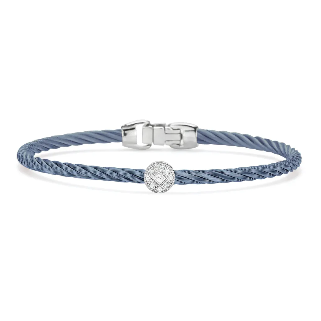 14Kt White Gold Island Blue Nautical Cable Single Circle Station Diamond Bracelet 0.05cttw