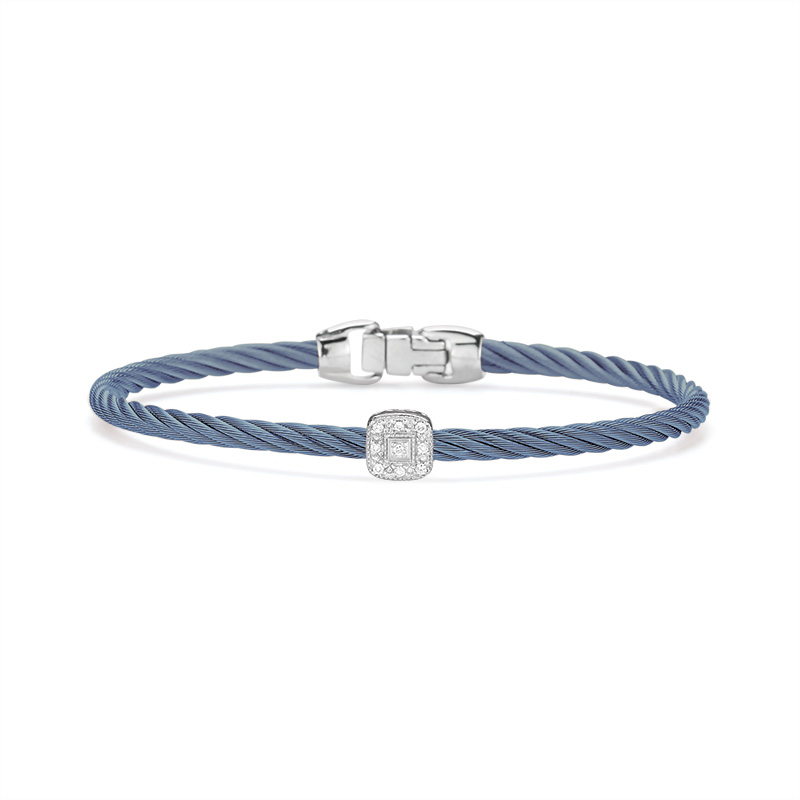 [04-64-S914-11] 14Kt White Gold Island Blue Nautical Cable Square Station Bracelet With (9) Round Diamonds Weighing 0.05cttw