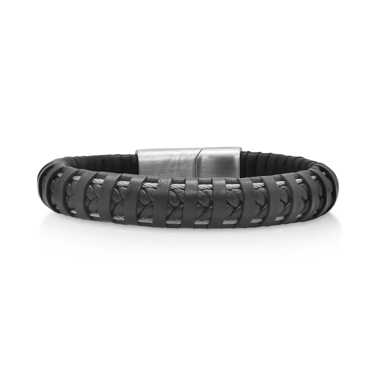 Stainless Steel Black Leather Grey Nautical Cable Bracelet sz8