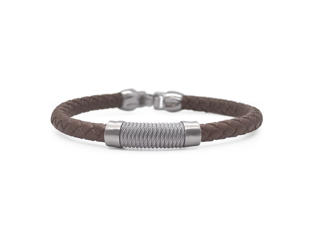Stainless Steel Grey Nautical Cable Brown Leather Men's Bracelet sz8