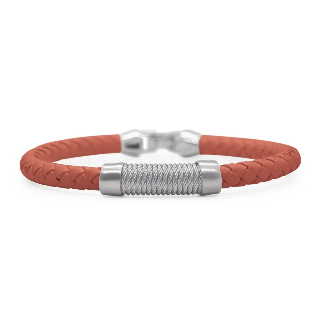 Stainless Steel Grey Nautical Cable Red Leather Men's Bracelet sz7.75