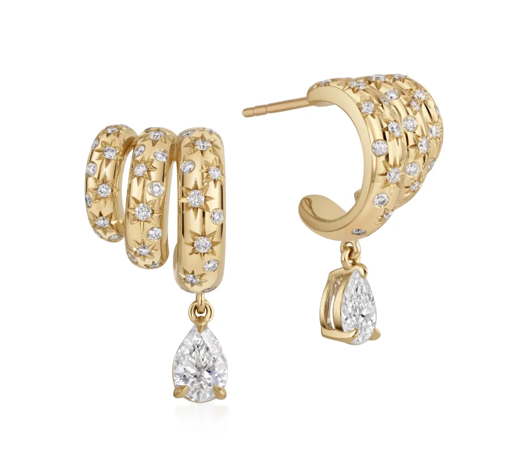 18Kt Yellow Gold Triple Hoops With (2) Pear Shaped Diamonds Weighing 0.60ct and (66) Rounds Weighing 0.35ct