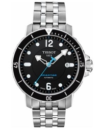 [T0664071105700] 42mm Seastar Black Dial Watch with a Stainless Steel Strap
