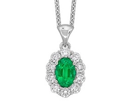 [P6480-EM] 18Kt White Gold Pendant Necklace With An Oval Emerald Weighing 0.50ct And Round Diamonds Weighing 0.40ct