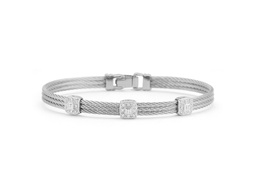 [04-32-S834-11] 18Kt White Gold Grey Nautical Cable Three Square Station Bracelet With Round Diamonds Weighing 0.14cttw