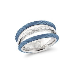 [02-64-s073-11] White Gold Diamond Three Row Ring with Caribbean Blue Nautical Cable 0.09cttw