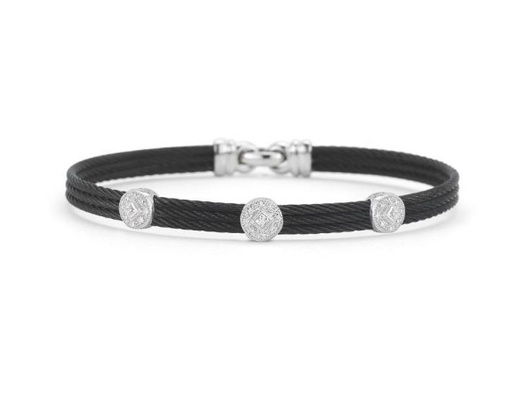 [04-52-0832-11] White Gold Black Nautical Cable Diamond Three Circle station Bracelet 0.14cttw