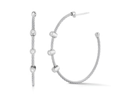 [03-32-S223-11] White Gold Grey Nautical Cable Hoop Earrings With Round Diamonds Weighing 0.12cttw