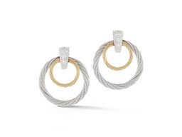 [03-34-S027-11] White Gold Grey And Yellow Nautical Cable Double Circle Drop Earrings With Round Diamonds Weighing 0.07cttw