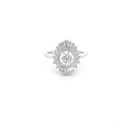 [S01738] White Gold Floral Ring With A Round Center Diamond Weighing 0.90ct And A Baguette And Round Diamond Halo Weighing 0.70ct