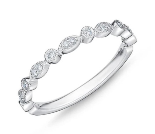 [EMVG10865008W72000] White Gold Vintage Round And Illusion Marquise Stackable Band With Round Diamonds Weighing 0.15cttw