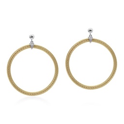[03-37-0018-10] White Gold Yellow Nautical Cable Two Row Circle Drop Earrings With Round Diamonds Weighing 0.02cttw