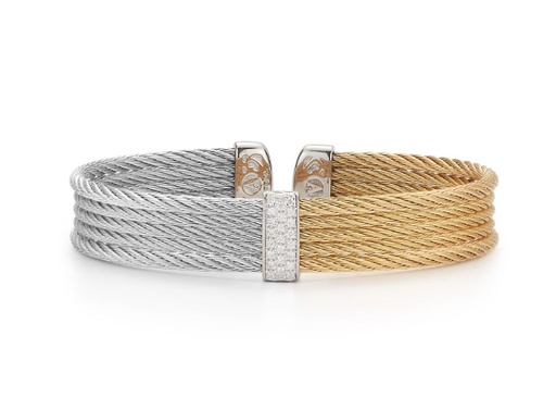 [04-34-S651-11] 18Kt White Gold Yellow And Grey Nautical Cable Cuff Bracelet With Round Diamonds Weighing 0.19cttw