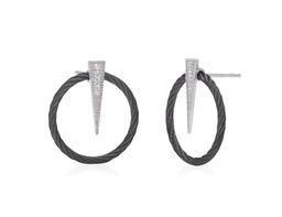 [03-52-2403-11] 18Kt White Gold Black Nautical Cable Circle Drop Earrings With Round Diamonds Weighing 0.07cttw