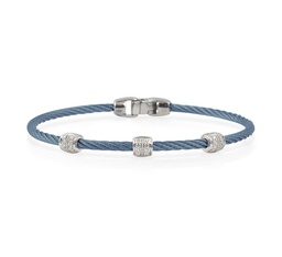 [04-64-S937-11] 18Kt White Gold Island Blue Nautical Cable Three Barrel Station Bracelet With Round Diamonds Weighing 0.21cttw