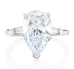 [R71261.3] Platinum Three Stone Ring With A Pear Shaped Diamond Weighing 4.25ct And 2 Tapered Baguette Side Stones Weighing 0.35ct H-I/SI1-VS2