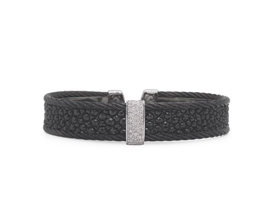 [04-52-R651-11] 18Kt White Gold Black Nautical Cable Stingray Cuff With 23 Round Diamonds Weighing 0.19cttw