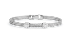 [04-32-S824-11] 18Kt White Gold Grey Nautical Cable 3 Row Double Square Station Bracelet With 18 Round Diamonds Weighing 0.09cttw