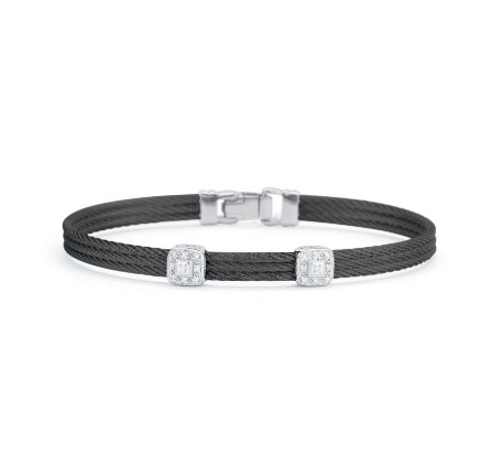 [04-52-0824-11] 18Kt White Gold Black Nautical Cable 3 Row Double Square Station Bracelet With 18 Round Diamonds Weighing 0.09cttw