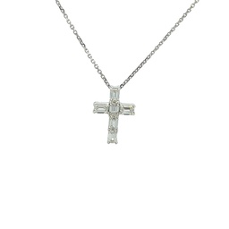 [P0.15EC-0.90-1] 18Kt White Gold Cross Pendant Necklace With 6 Emerald Cut Diamonds Weighing 0.93cttw