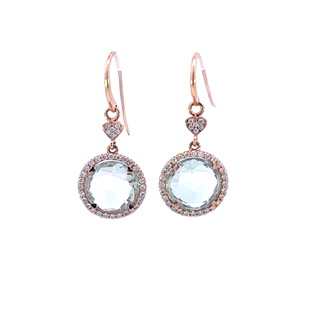 [GARER11RD] 18Kt Rose Gold Dangle Earrings With 11mm Round Green Quarts And 68 Round Diamonds Weighing 0.50cttw