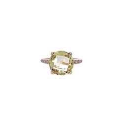 [LQ11RDRGRD] 18Kt Rose Gold Ring With A 11mm Round Lemon Quartz And 14 Round Diamonds Weighing 0.14cttw