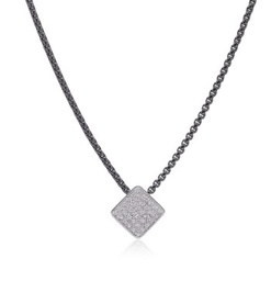 [08-52-1664-11] 14Kt White Gold Square Pendant Necklace With 36 Round Diamonds On A Black Chain 0.30cttw