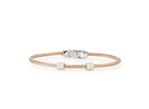 [04-26-S927-11] 18Kt Rose Gold Carnation Twisted Nautical Cable Double Barrel Station Bracelet With 16 Round Diamonds Weighing 0.13cttw
