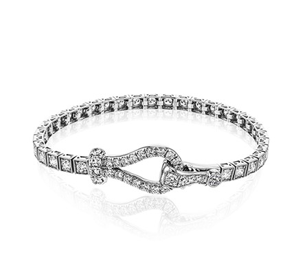 [MB1733] 18Kt White Gold Buckle Clasp Tennis Bracelet With (90) Round Diamonds Weighing 1.02cttw
