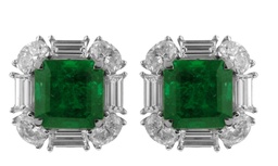 [1856] 18Kt White Gold Earrings With 2 Square Emeralds Weighing 6.27ct, 8 Oval, And 8 Baguette Diamonds Weighing 3.01ct