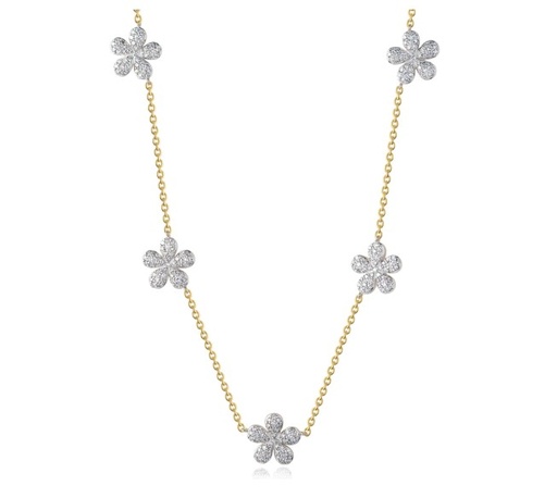 [N2604DY] 14Kt Yellow Gold Symphony Flower Station Necklace With (230) Round Diamonds Weighing 1.16cttw
