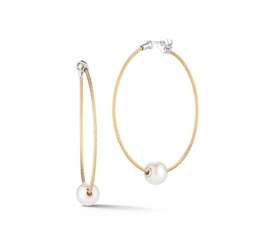 [03-37-P102-00] 18Kt White Gold Yellow Nautical Cable Hoop Earrings With Fresh Water Pearl