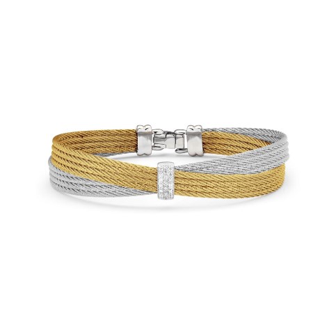 [04-34-S551-11] 8Kt White Gold Yellow And Grey Nautical Cable Crossed Bracelet With (19) Round Diamonds Weighing 0.16cttw