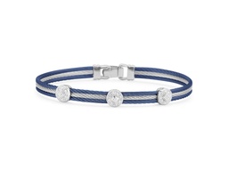[04-49-S832-11] White Gold Grey And Blueberry Nautical Cable Three Square Station Bracelet With (27) Round Diamonds Weighing 0.14cttw