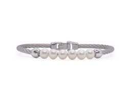 [04-32-P901-01] Stainless Steel Grey Nautical Cable Bracelet With 6 Freshwater Pearls