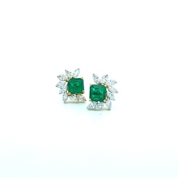 [7523] 18Kt Yellow Gold Fan Earrings With (2) Cushion Cut Emeralds Weighing 1.98ct And (16) Marquise Diamonds Weighing 1.15ct