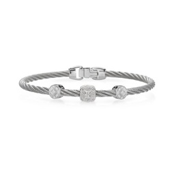 [04-32-S921-11] 18Kt White Gold Grey Twisted Nautical Cable Two Circle And Single Square Station Bracelet With (27) Round Diamonds Weighing 0.14cttw