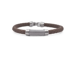 [04-13-BR61-00] Stainless Steel Grey Nautical Cable Brown Leather Men's Bracelet