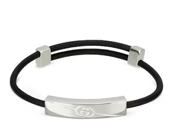 [YBA77446400100U] Sterling Silver Interlocking GG Black Leather Tag Bracelet