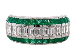[22146] 18Kt White Gold Three Row Channel Set Ring With (30) Carre Cut Emeralds Weighing 1.74ct And (15) Baguette Diamonds Weighing 1.92ct