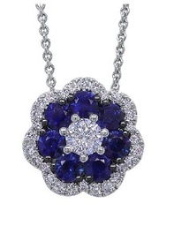 [20088] 18Kt White Gold Flower Pendant Necklace With (29) Round Diamonds Weighing 0.39ct And (7) Round Sapphires Weighing 0.75ct
